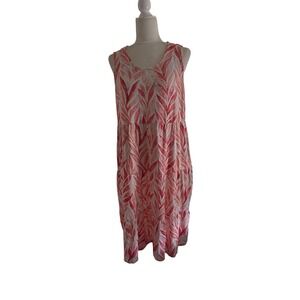 D & Co Beach Womens Medium Petite Pink Orange Leaf Tiered Linen Blend Dress